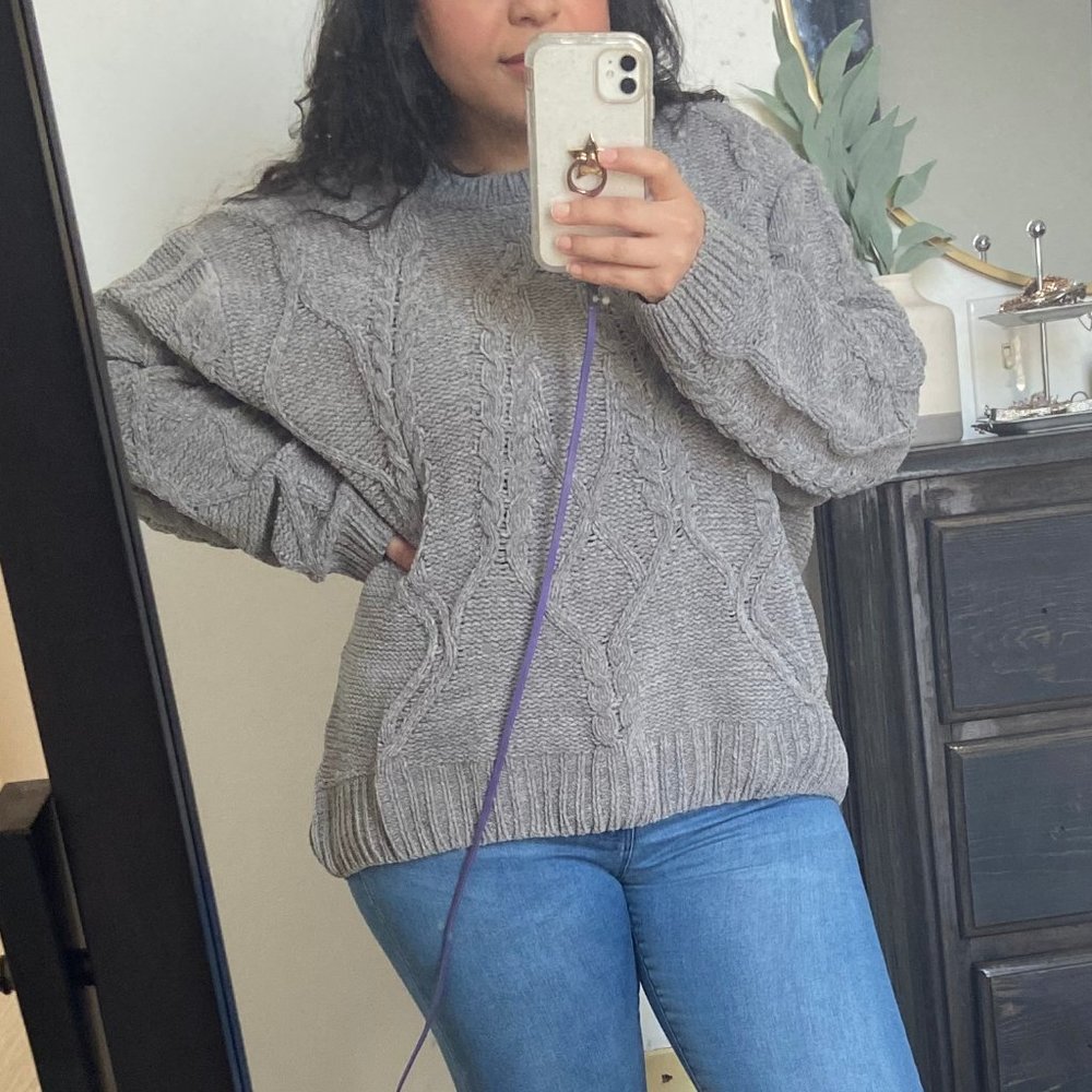 Cozy Grey Cable Knit Sweater